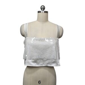 NWT The Noli Shop Pearl Sequin Crop Top NS250206-PRL-L Square Neck White Large